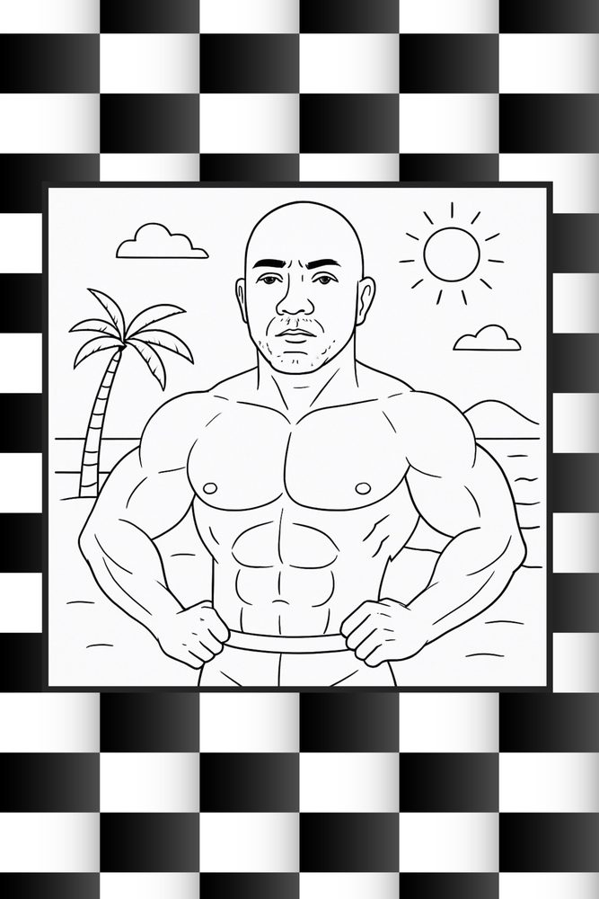 Robot-drawn line-art caricature of a guest as a muscular beach bodybuilder with a palm tree and sun, on a checkered background